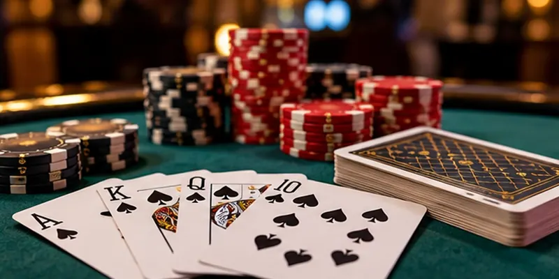 A collection of cards and chips rests on the green table.