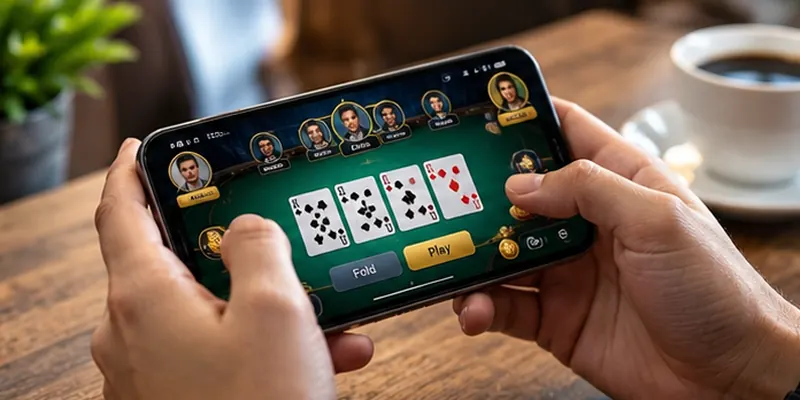 A player explores digital card games using a modern mobile phone.