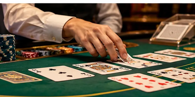 A dealer arranges playing cards across a traditional green casino table.