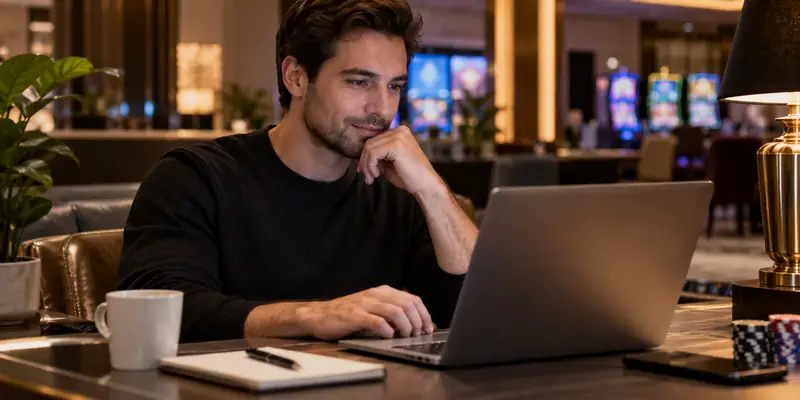 Players explore online slot interfaces while reviewing gameplay controls and information